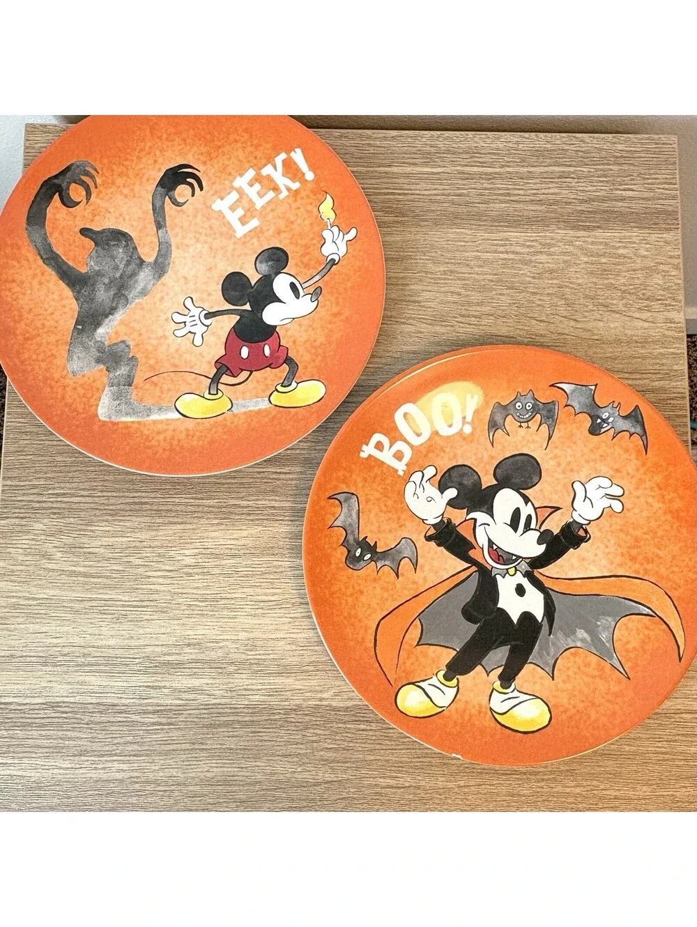 Pottery Barn Kids Mickey Mouse Halloween Eek ! & Boo ! Plates Orange S/2 #9082A